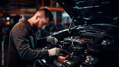 mechanic repairing an engine, illustration of a car repairman, Generative AI © Yuriy Maslov
