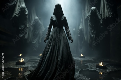 The evil nun s ascension from a chilling  shadowy environment  her form undergoing a haunting transformation as she journeys towards an unsettling heavenly realm. Generative Ai