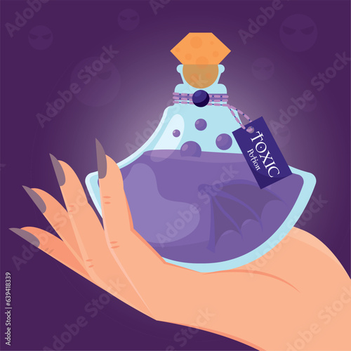 Hand holding a magical toxic potion elixir Vector