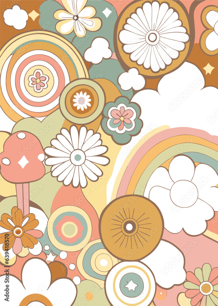 Fototapeta premium Groovy hippie 1970s background. Funny cartoon flower, rainbow, peace, Love, heart, daisy, mushroom etc. Seamless pattern in trendy trippy retro cartoon style. Flower power. Hippie 60s, 70s style.