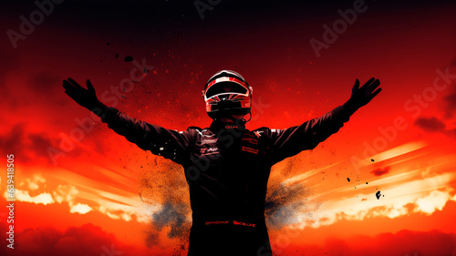 The outline of a victorious race car driver expressing celebration after a triumph, Grand Prix. Generative AI