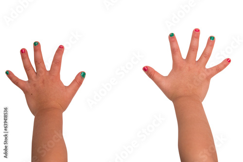 Isolated little child's hands with color fingernail polish