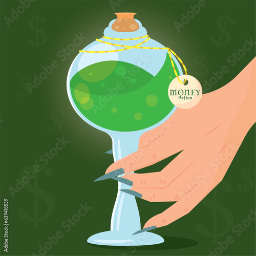Hand holding a magical money potion elixir Vector