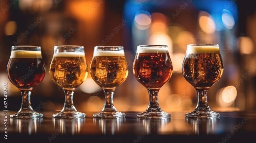 A lot of glasses of chilled different sort of beer on bar at nightclub. A lot of glasses of chilled different sort of beer on bar at nightclub.