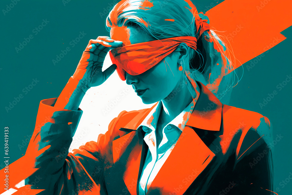 Business woman blindfolded. Executive woman making decisions and challenges without seeing options and for removing a blindfold. Illustration in orange, green and light blue colors. - obrazy, fototapety, plakaty 