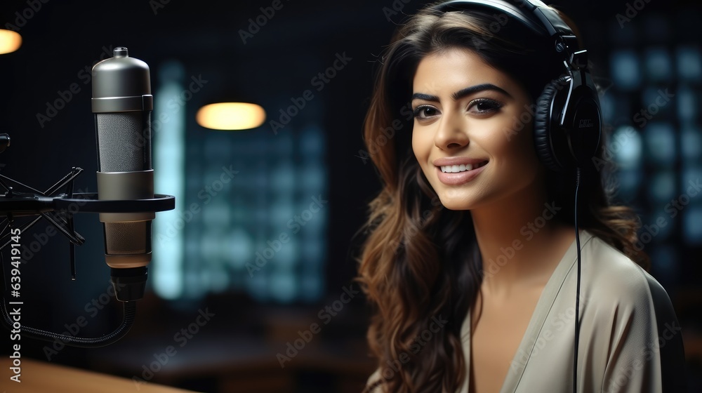 Beautiful woman podcaster making audio podcast from her studio. Beautiful woman podcaster making audio podcast from her studio.