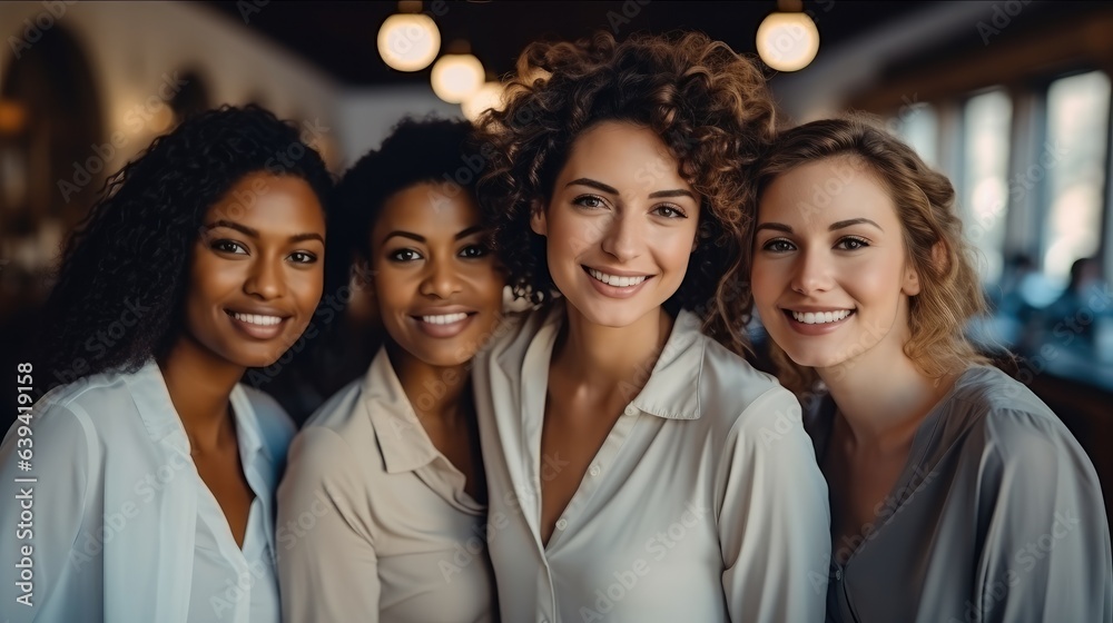 Fototapeta premium Happy group of woman smiling in fashionable office, Empowering women in the workplace inclusivity concept.