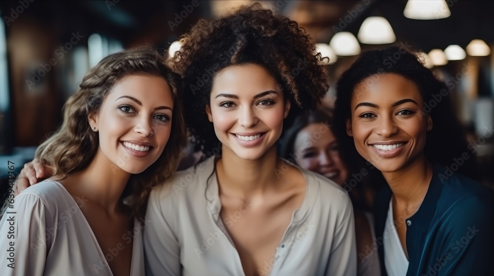 Happy group of woman smiling in fashionable office, Empowering women in the workplace inclusivity concept.