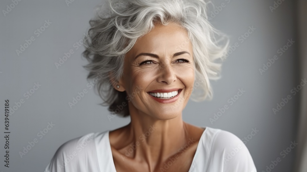 Beautiful beautiful elderly senior model woman with grey hair are laughing and smiling, Healthy face skin care beauty.