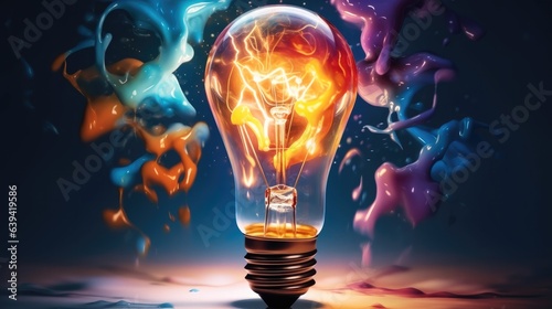 Creative idea concept, Creative light bulb explodes with colorful paint and splashes on a dark blue background, 3d rendering.