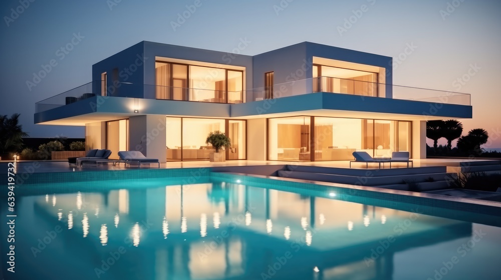 Modern Minimalist Villa with swimming pool at sunset. Modern Minimalist Villa with swimming pool at sunset.