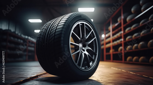 Car tire set in private garage with garage background. © visoot
