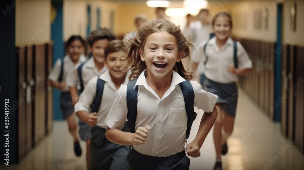 Fototapeta premium Excited pupils rushing down school corridor, Back to school concept.