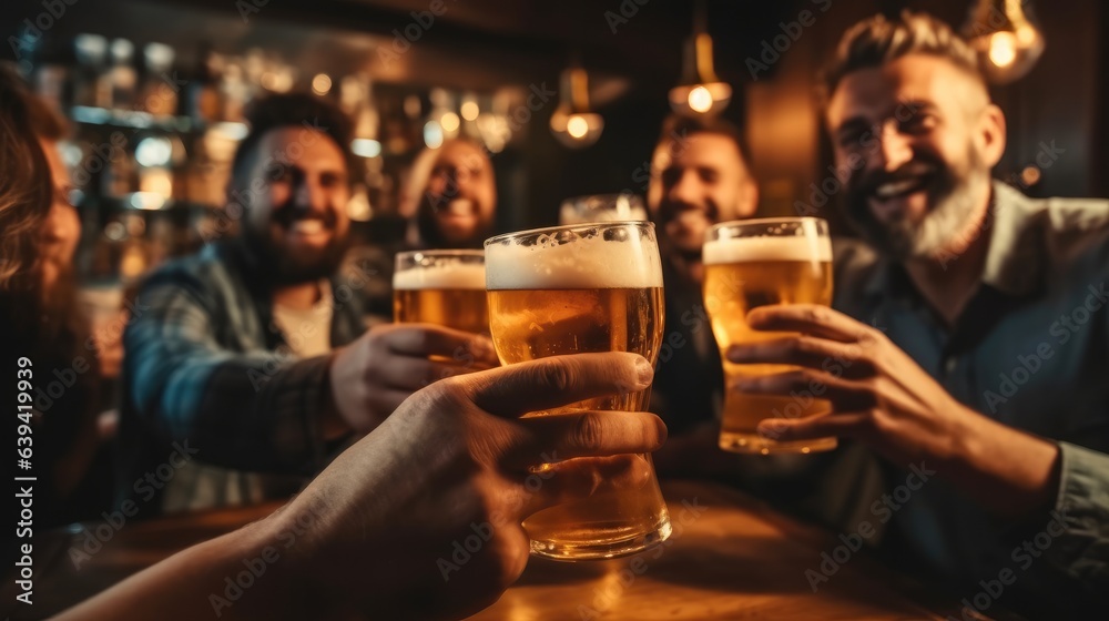 People toasting beer, Happy friends are drinking beer at restaurant.