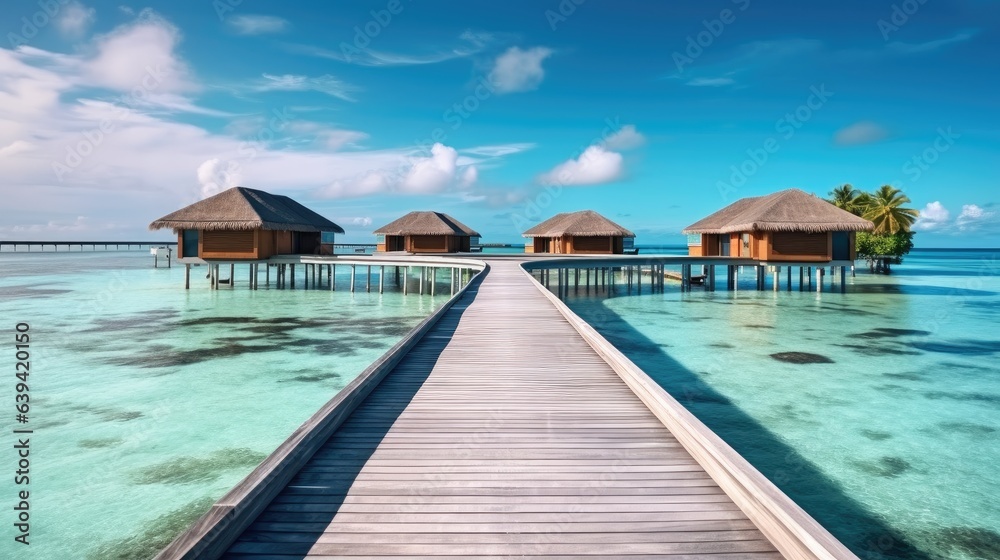 Coast seascape water bungalows villas with amazing sea lagoon beach, Maldives paradise island, Tropical landscape.