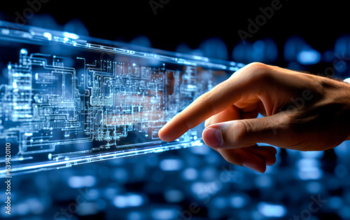 Finger touching a binary code on a futuristic touch screen interface.