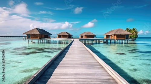 Coast seascape water bungalows villas with amazing sea lagoon beach, Maldives paradise island, Tropical landscape. © visoot