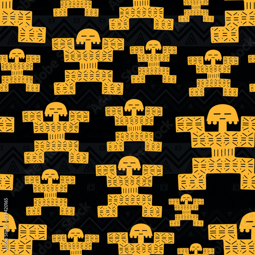 Ancient colombian golden figure seamless pattern over black background