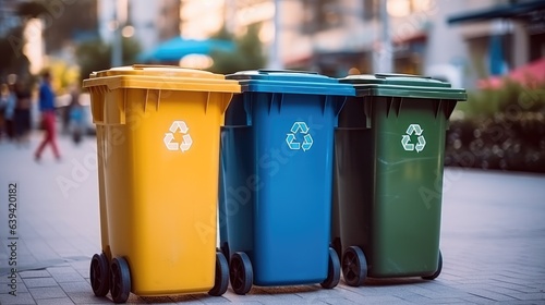 Recycling concept, Trash cans for garbage separation at city, Plastic, Glass, Metal and paper recycle bins.