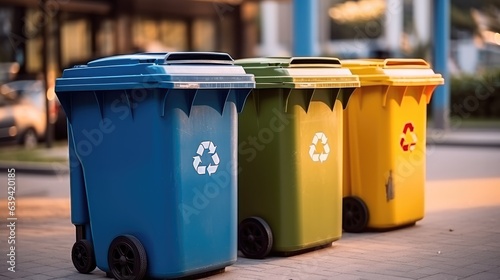Recycling concept, Trash cans for garbage separation at city, Plastic, Glass, Metal and paper recycle bins.