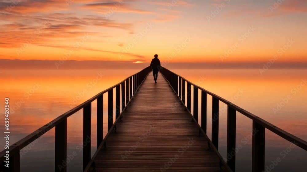 Lone figure standing on a long pier wooden at sunset. - obrazy, fototapety, plakaty 