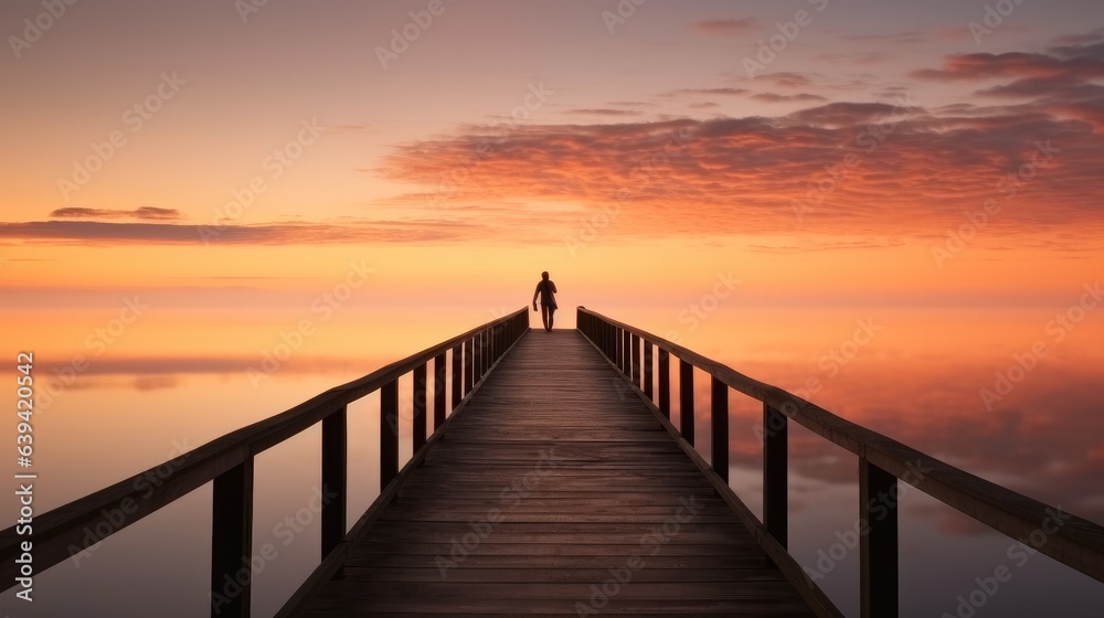 Lone figure standing on a long pier wooden at sunset.