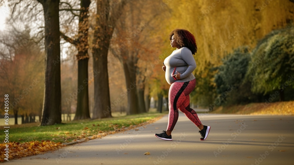 Beautiful overweight african american woman running outdoors in park. Fat lady jogging, Plus size fitness lifestyle. Weight Loss, Full length Shot