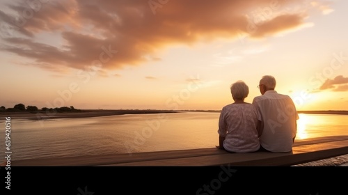 Rear view, Seniors enjoying of retirement with a beach at sunset. © visoot