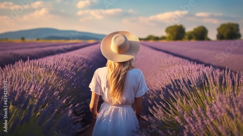 Rear view, Happy woman with hat walking through in lavender flowers field, Travel nature concept.