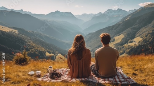 Rear view, Boyfriend and girlfriend sitting and looking at the beautiful scenic green meadow on mountain.