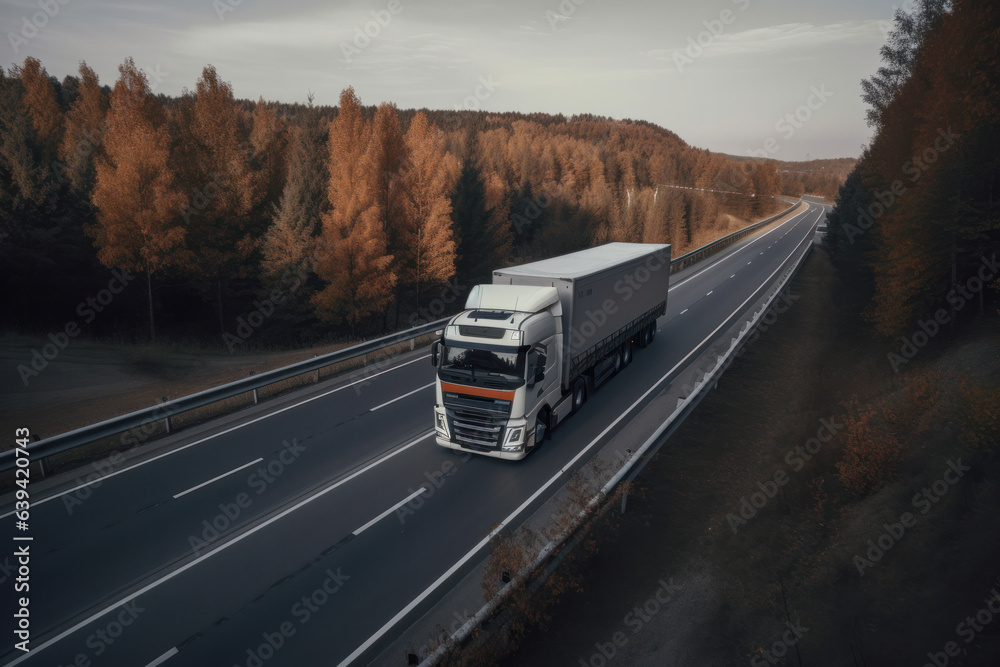 A semi truck driving along a deserted highway at sunset, the only vehicle for miles the epitome of freedom on the open road. AI Generative.