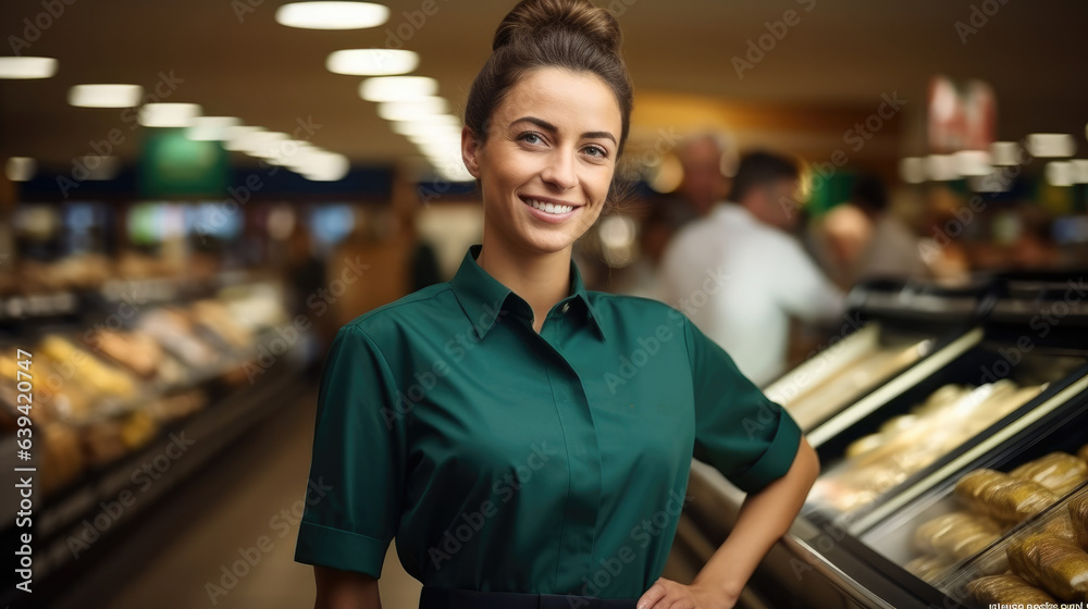 Fototapeta premium Cashier serving customers in supermarket, Young woman attractive salesman.