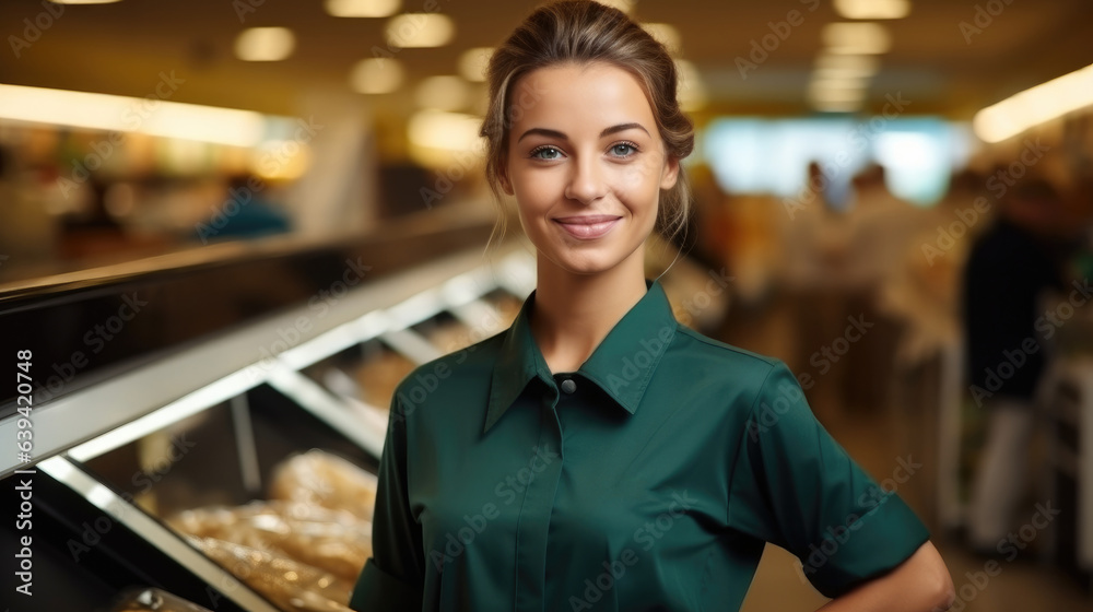 Fototapeta premium Cashier serving customers in supermarket, Young woman attractive salesman.