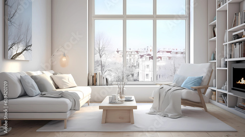 interior design, scandinavian style, scandinavian design, white style, living room, modular furniture with cotton textiles, wooden floor, low ceiling, large steel windows viewing a city, carpet on the © Alin