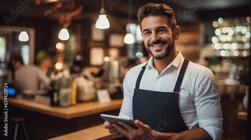 Small business, Happy waiter holding a tablet in restaurant, Success and confidence in business.