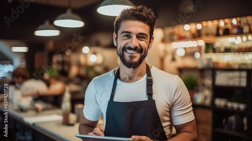 Small business, Happy waiter holding a tablet in restaurant, Success and confidence in business.