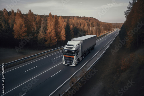 A semi truck driving along a deserted highway at sunset, the only vehicle for miles the epitome of freedom on the open road. AI Generative.