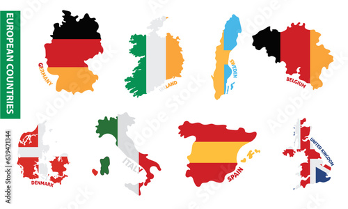 Set of colored european country maps with its flags Vector