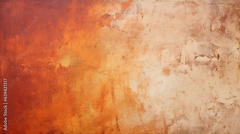 Photo of an abstract painting with warm orange and brown tones on a wall