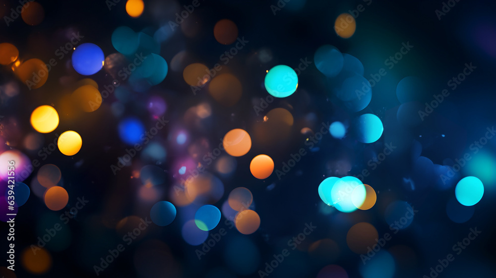Obraz premium Multicolor bokeh, raining light, blurry lights, blurry background, rainbow confettis on a black background, colorful, night lights, city lights, haze, depth of field, round bokeh, circle bokeh