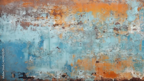 Photo of a rusted metal surface with blue and orange paint
