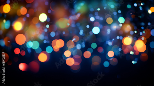 Multicolor bokeh, raining light, blurry lights, blurry background, rainbow confettis on a black background, colorful, night lights, city lights, haze, depth of field, round bokeh, circle bokeh © Ncorp