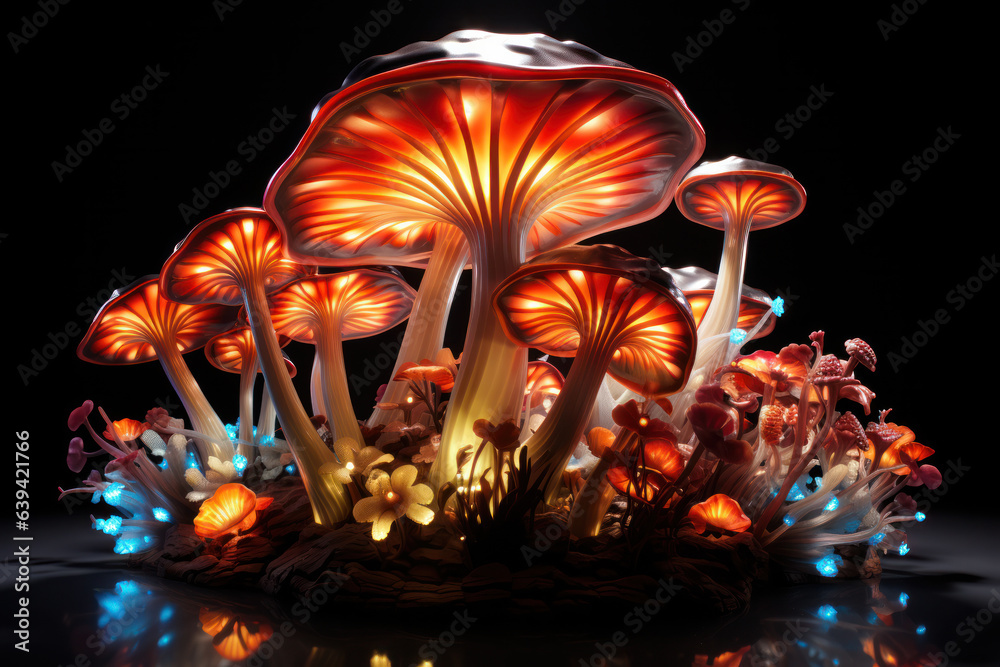 Magic fantasy glass mushrooms in magical fairytale dreamy forest. Fantastic magical meadow of mushrooms, in an enchanted forest, on dark background.