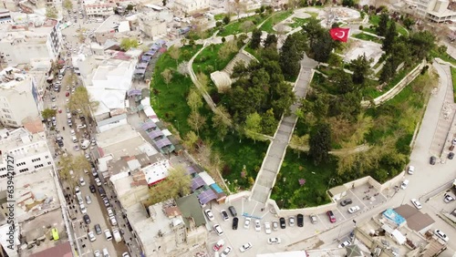 Aerial view of a castle in Adiyaman city center, Turkey, showing earthquake-damaged buildings after the disaster