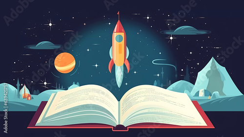 open book with space background  Imagination and inspiration for children education. Fantasy and creative  Galaxy  Vector flat illustration.