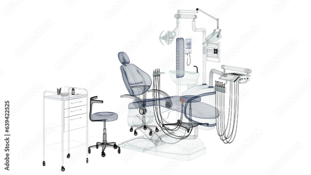 Dentist chair with tools for stomatology and oral hygiene, empty, nobody, 3d rendering