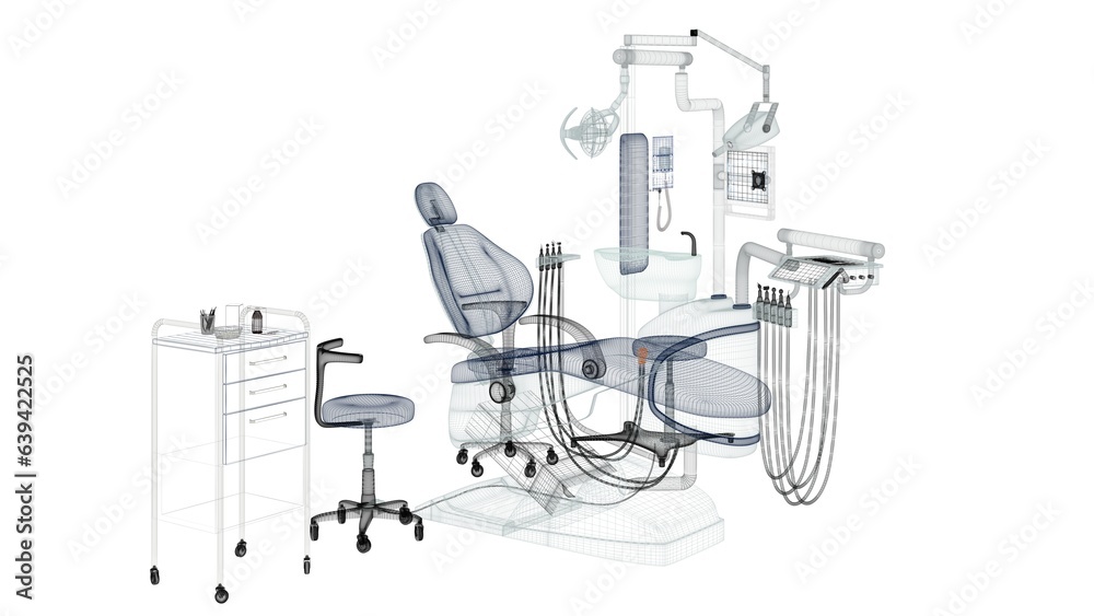 Dentist chair with tools for stomatology and oral hygiene, empty, nobody, 3d rendering Dentist chair with tools for stomatology and oral hygiene, empty, nobody, 3d rendering