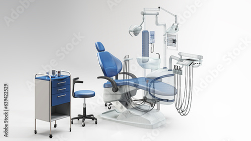 Dentist chair with tools for stomatology and oral hygiene, empty, nobody, 3d rendering. 3d illustration photo