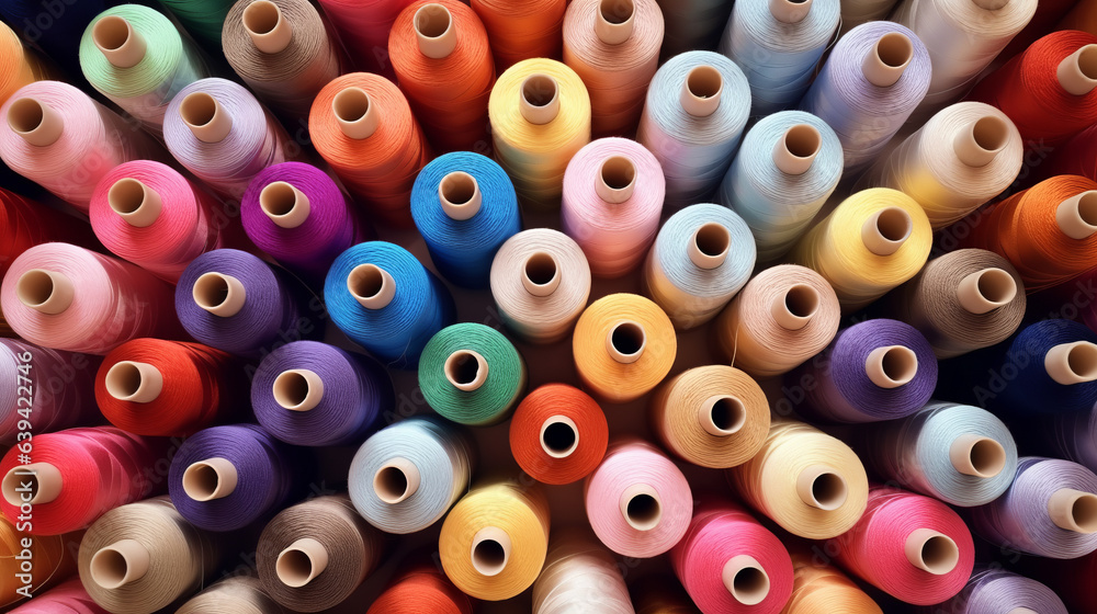 A vibrant display of colorful thread spools A vibrant display of colorful thread spools