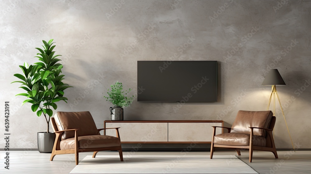 a modern living room with a wooden TV cabinet, armchair, and plant against a concrete wall background